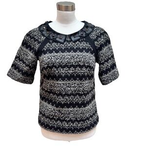 Milly Black & White Wool Boucle Sweater Top Leather & Stud Collar